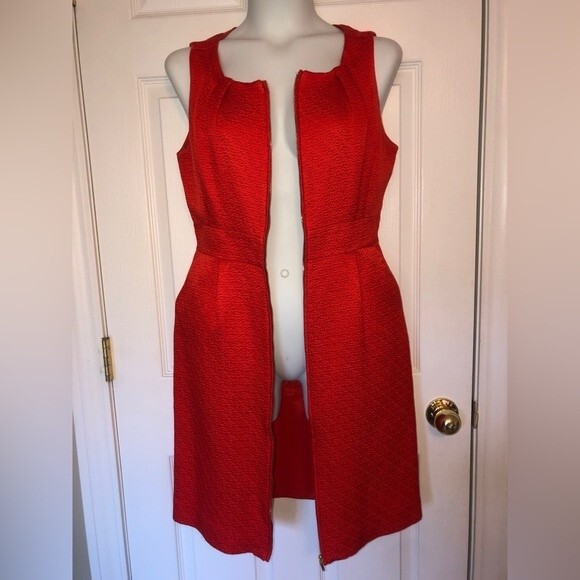 Tory Burch Size 10 Red Blood Orange Silk Blend Structured Front Zipper Dress - Picture 6 of 16